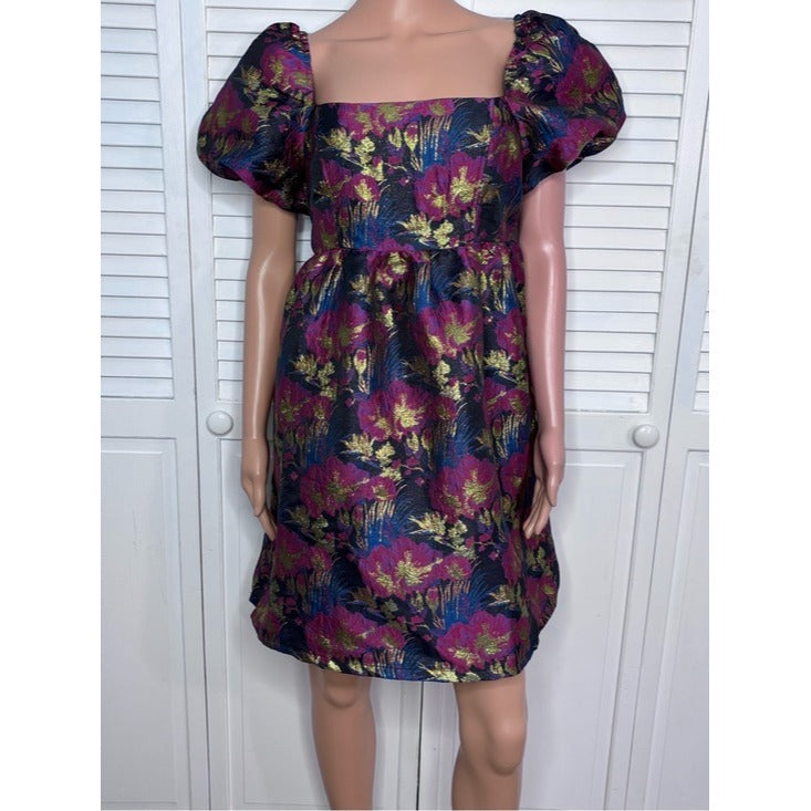 TCEC Metallic Floral Brocade Puff-Sleeve Mini Dress Size Medium