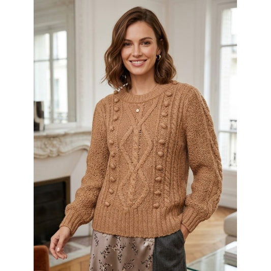 Joie Bia Tan Cable-Knit Puff-Sleeve Sweater Size Medium