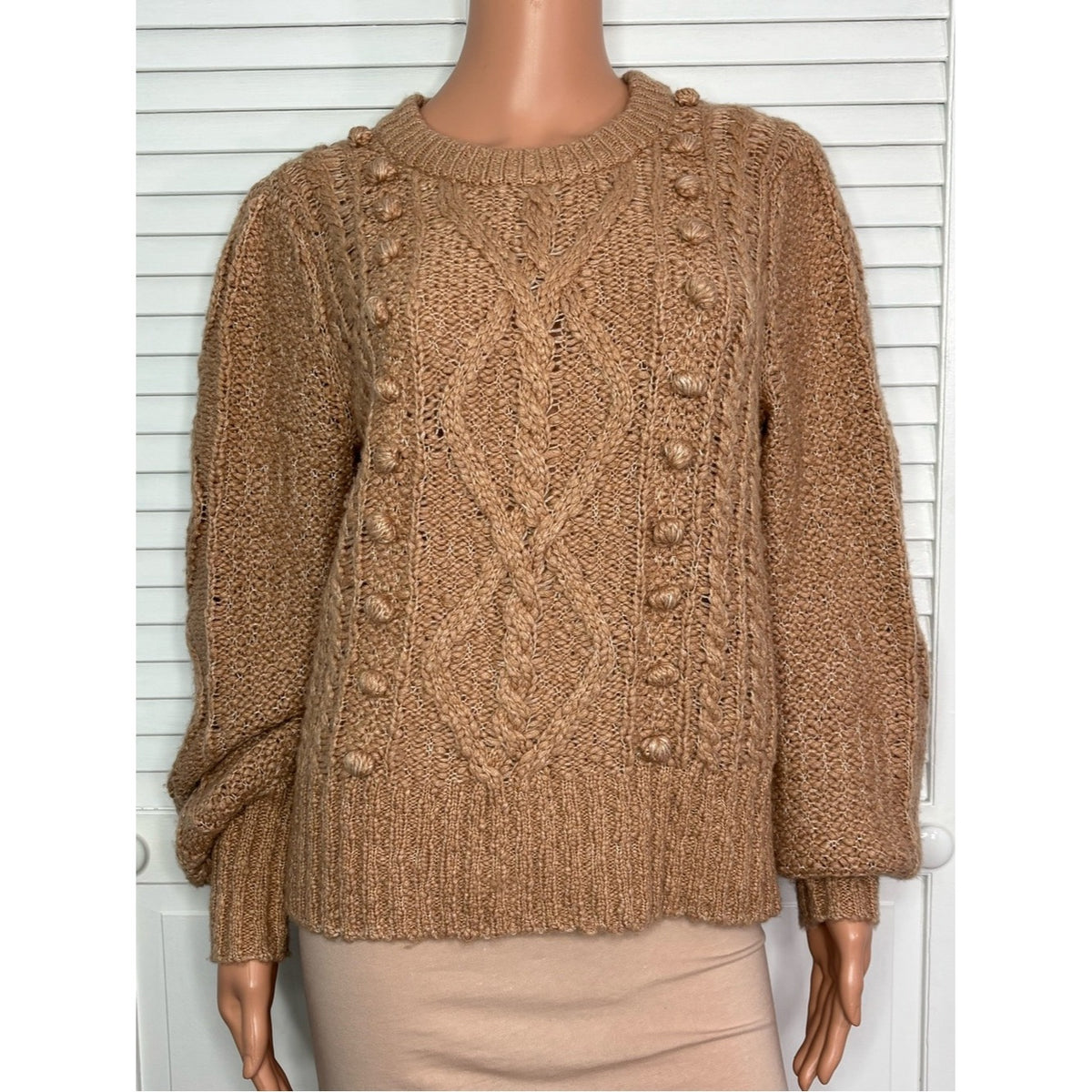 Joie Bia Tan Cable-Knit Puff-Sleeve Sweater Size Medium