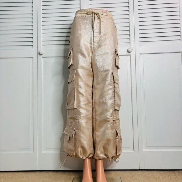 CYNTHIA ROWLEY Metallic Twill Rose Gold Cargo Pants Size Medium