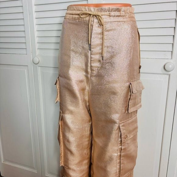 CYNTHIA ROWLEY Metallic Twill Rose Gold Cargo Pants Size Medium