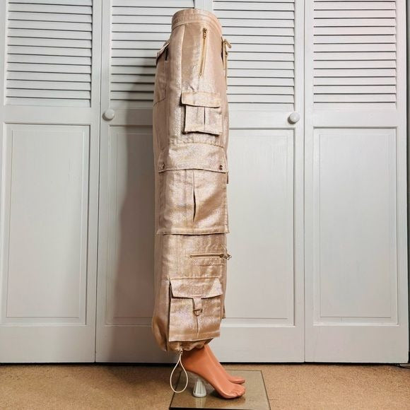 CYNTHIA ROWLEY Metallic Twill Rose Gold Cargo Pants Size Medium