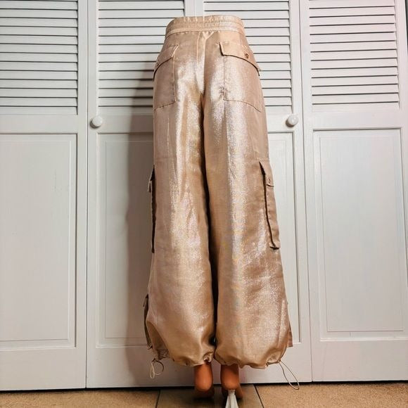 CYNTHIA ROWLEY Metallic Twill Rose Gold Cargo Pants Size Medium