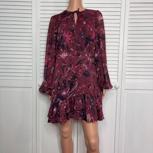 TED BAKER Verino Floral Print Long Sleeve Tiered Mini Dress Size 3