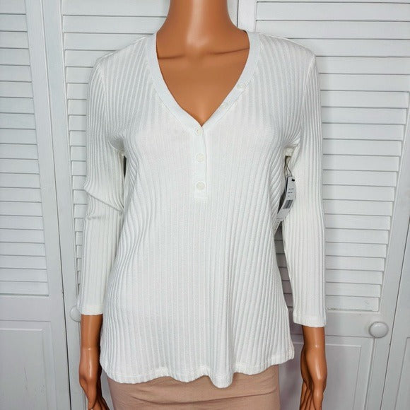 New LIVERPOOL V-Neck Ribbed Sweater in Snow Size Large
