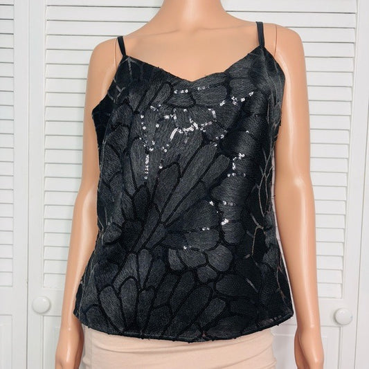 NEW WHITE HOUSE BLACK MARKET V-Neck Embroidered Sequin Cami in Black Size Small