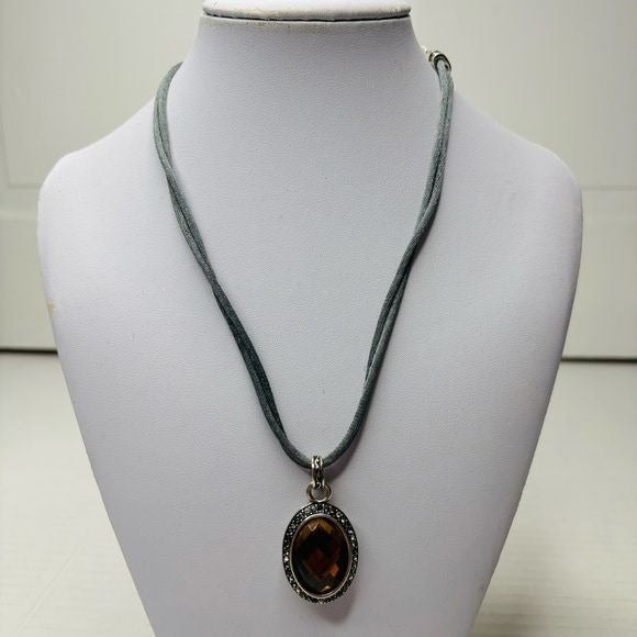 BRIGHTON Luminesce Gray Silk Cord Oval Amber Crystal Pendant Necklace