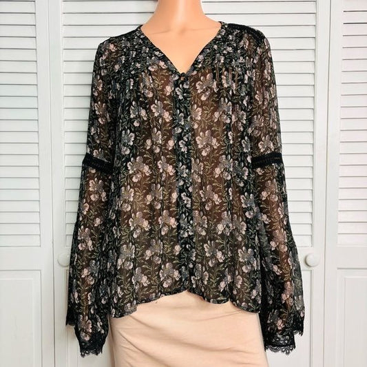 PAIGE Storm Cloud Floral Silk Clio V-Neck Button Down Blouse Size Medium