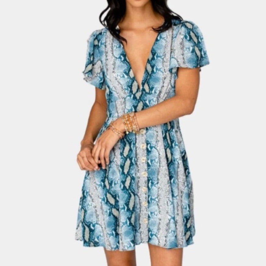 NEW BUDDY LOVE Alba Snakeskin Print Aquamarine Ruffled Dress Size XS