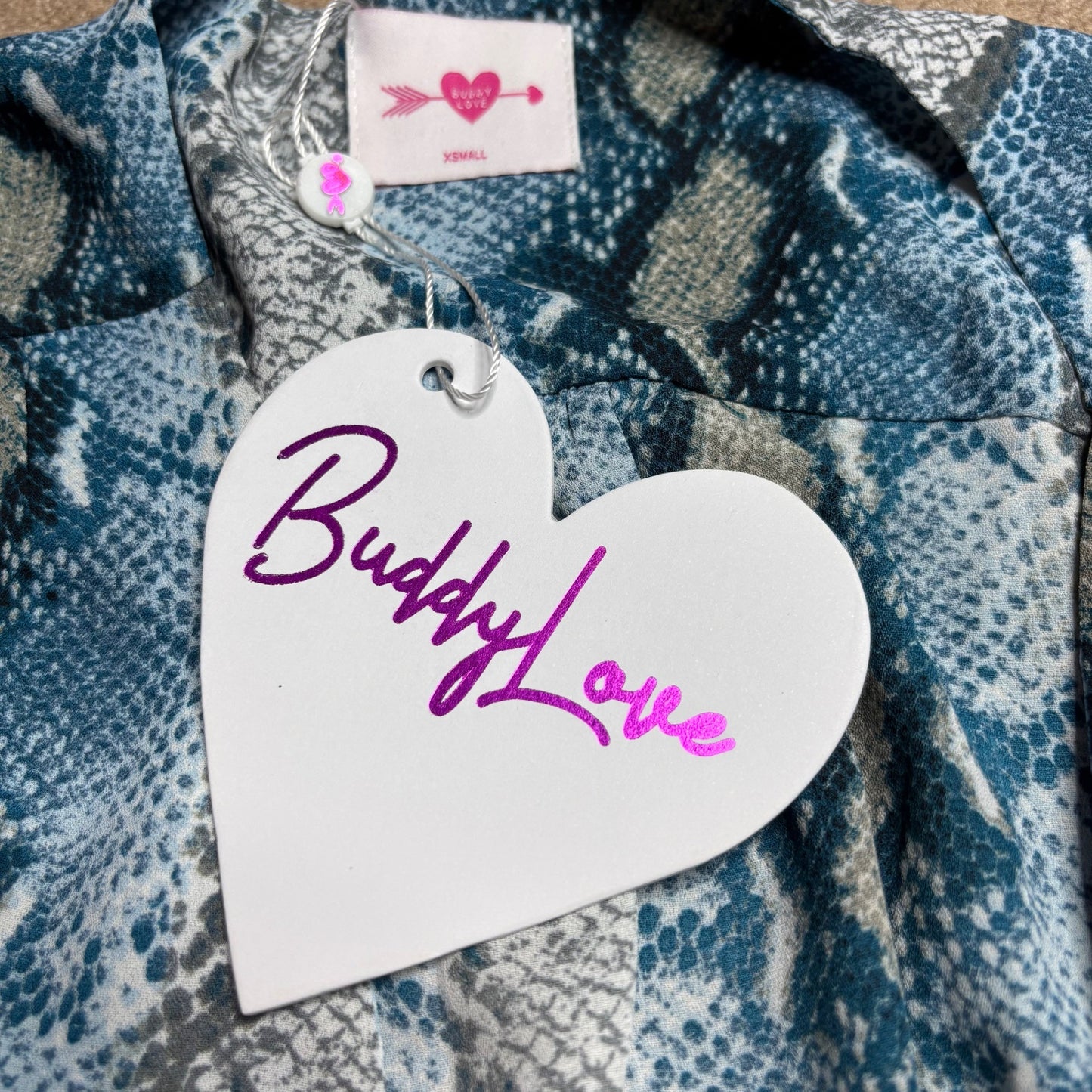 NEW BUDDY LOVE Alba Snakeskin Print Aquamarine Ruffled Dress Size XS