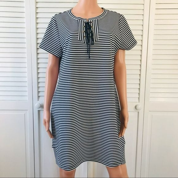 CABI Navy Blue White Striped Short Sleeve Captain’s Shift Dress Size L