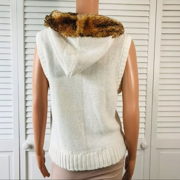 TIARA White Faux Fur Hood Knit Vest Size L