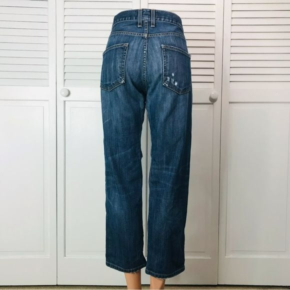 CURRENT/ELLIOT Blue Distressed Raw Hem Baggy Straight Leg Ankle Jeans Size 27