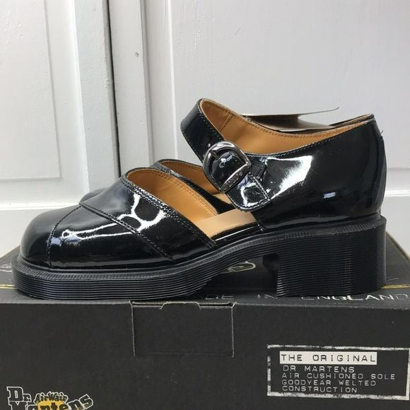DR MARTENS Black Platform Patent Overlaid Vamp Black Jazz Dull Sandals Size 8 (new in box)