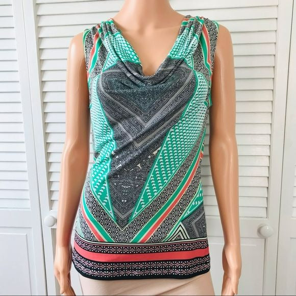 CALVIN KLEIN Green Multicolor Geometric Sleeveless Shirt Size XS