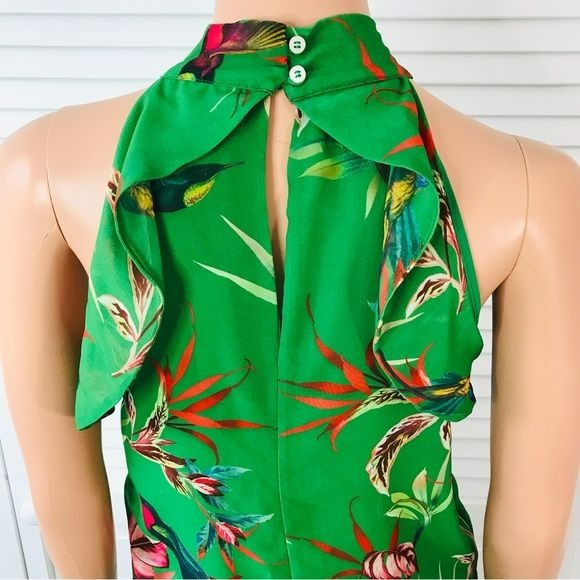 NEW YORK & COMPANY Green Floral Halter Top Sleeveless Blouse Size XS