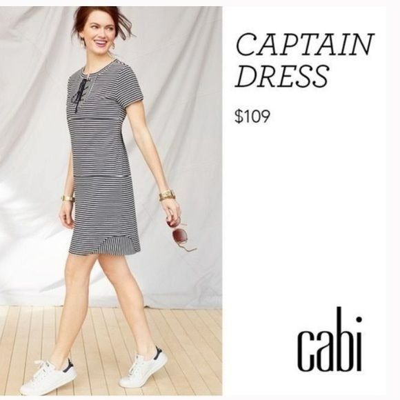 CABI Navy Blue White Striped Short Sleeve Captain’s Shift Dress Size L