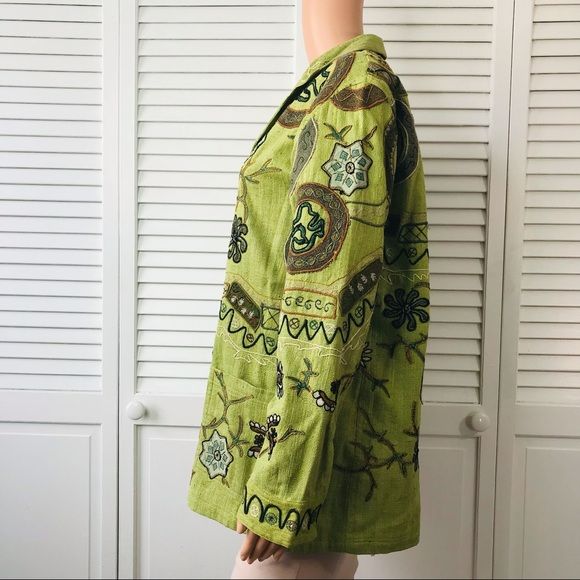 CHICO’S DESIGN Green Vintage Embroidered Silk Jacket Size L