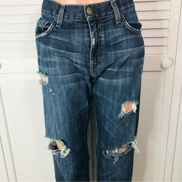 CURRENT/ELLIOT Blue Distressed Raw Hem Baggy Straight Leg Ankle Jeans Size 27