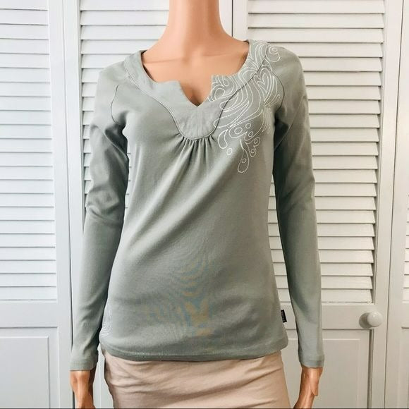 PRANA Green White Cotton Long Sleeve V-Neck Shirt Size S