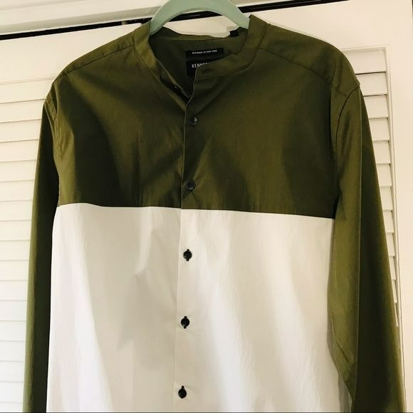 KENNETH COLE Green White Color Block Stretch Button Down Shirt Size M (new with tags)