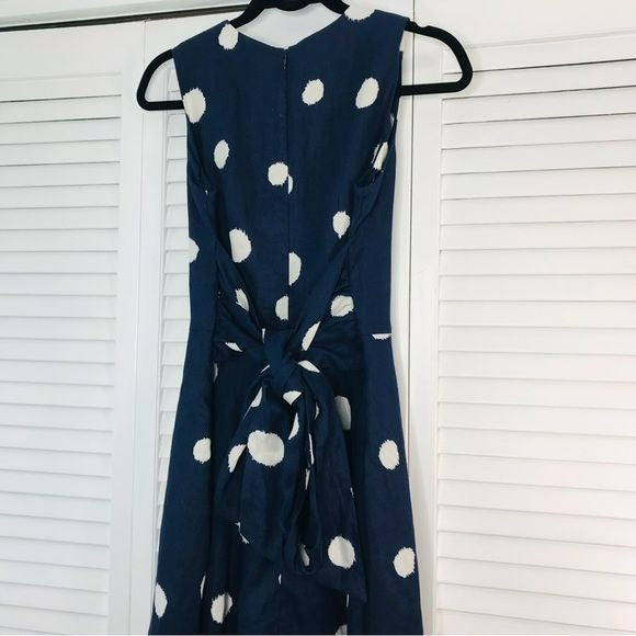 SOODEE Navy Linen Polka Dots Waist Wrap Around Dress Size M