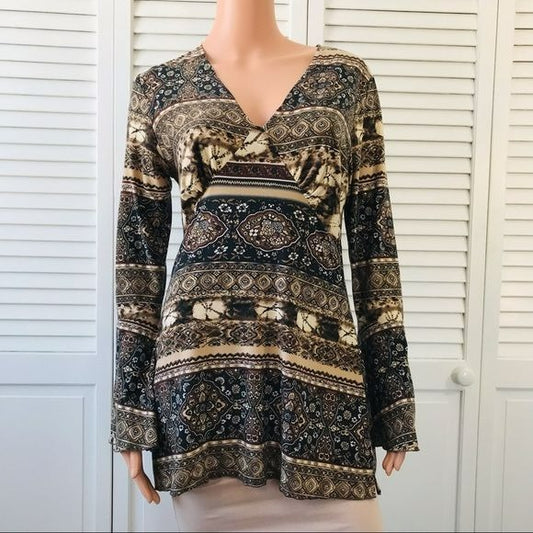 SUSAN LAWRENCE Brown Black Printed V-Neck Shirt Size M