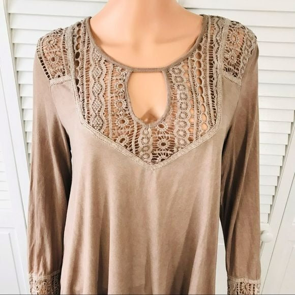 POL Brown Lace Detail Long Sleeve Top Size M