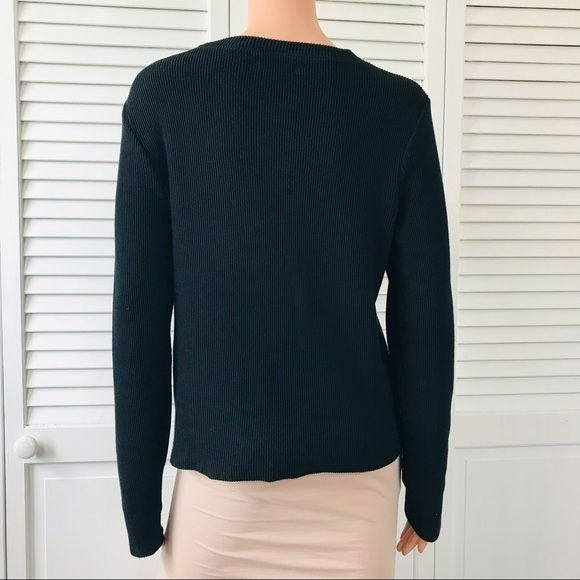 MADEWELL Black Long Sleeve Round Neck Knot Front Pullover Ribbed Sweater Size L