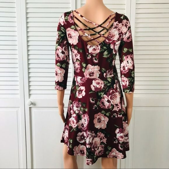 BY BY Burgundy Floral Criss Cross Back Dress Size L