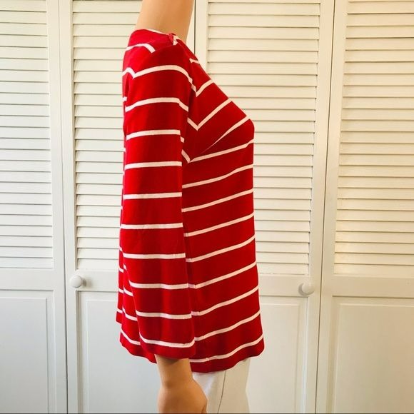 LANDS’ END Red White Striped Cotton Shirt Size L