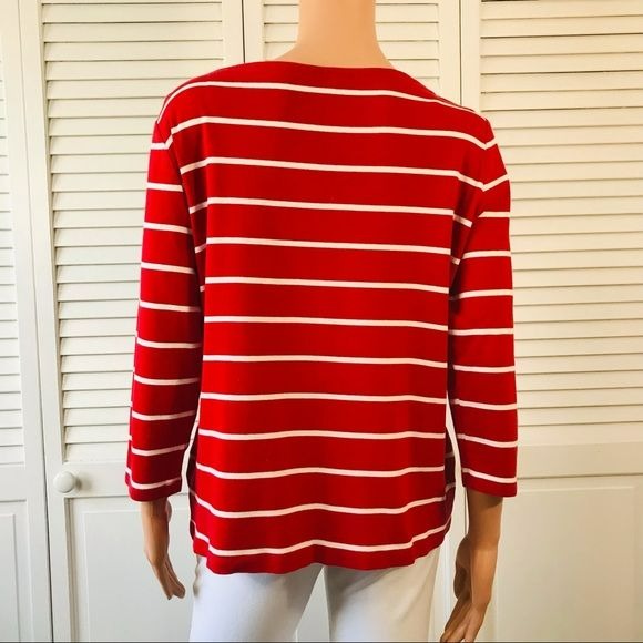 LANDS’ END Red White Striped Cotton Shirt Size L