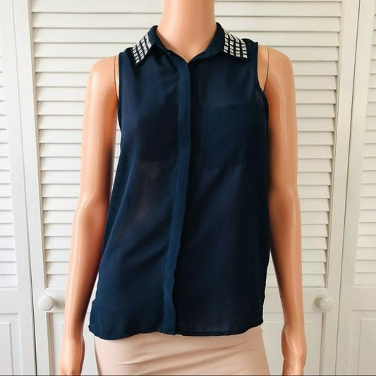 KATIE K Navy Blue Sheer Sleeveless Button Down Shirt Size XS