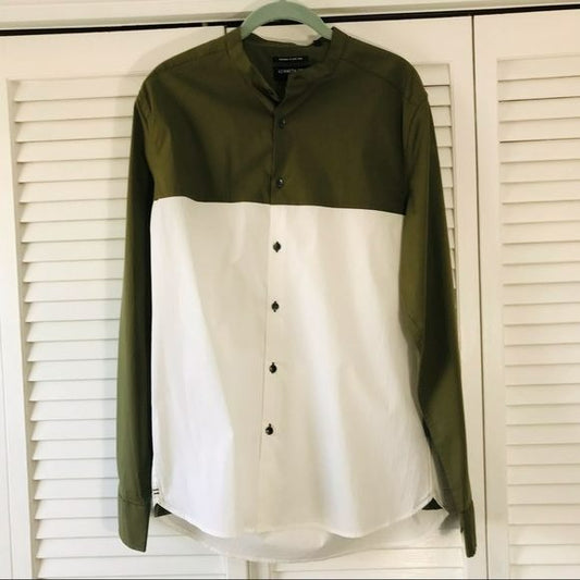 KENNETH COLE Green White Color Block Stretch Button Down Shirt Size M (new with tags)