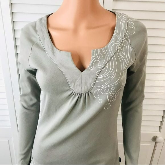 PRANA Green White Cotton Long Sleeve V-Neck Shirt Size S