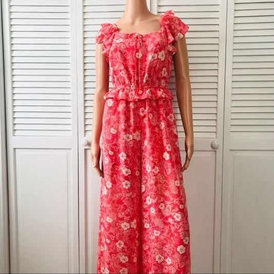 A LOVES A Coral White Floral Ruffle Sleeveless Wide Leg Jumpsuit Size L (new with tags)