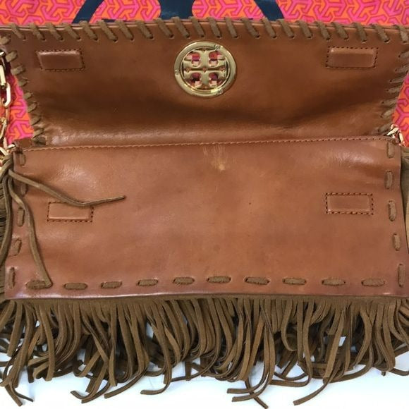 TORY BURCH Brown Leather Handbag With Fringe