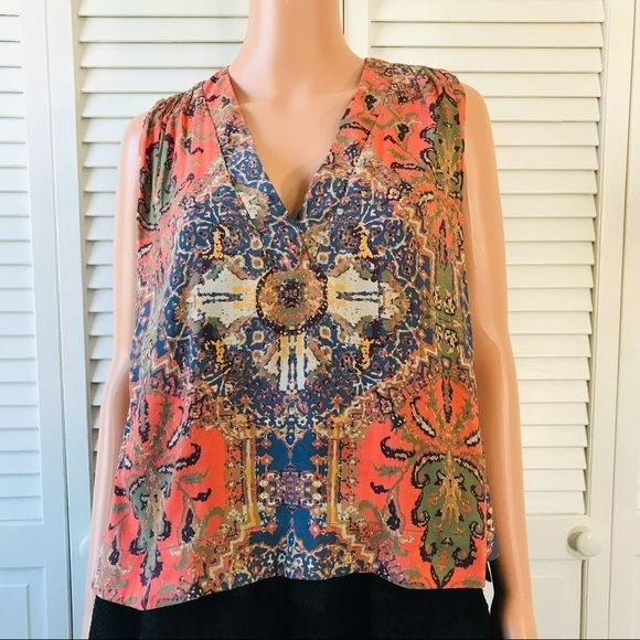 FREE PEOPLE Coral Multi Color Darcy Swing Boho Sleeveless V-Neck Shirt Size XS