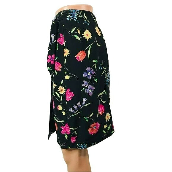 TALBOTS Petites Silk Black Floral Wrap Skirt Size 4P