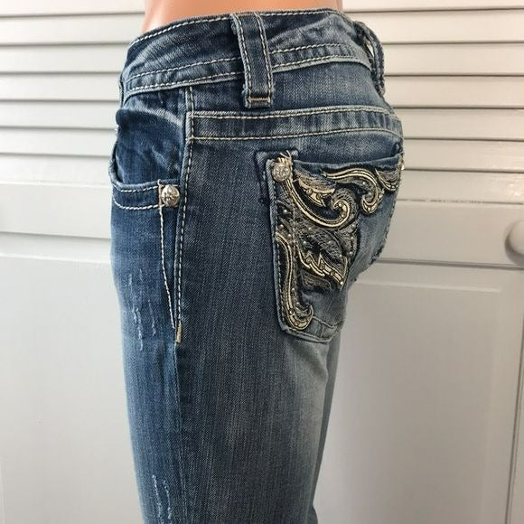 MISS ME Blue Embellished Embroidered Boot Cut Jeans Size 26