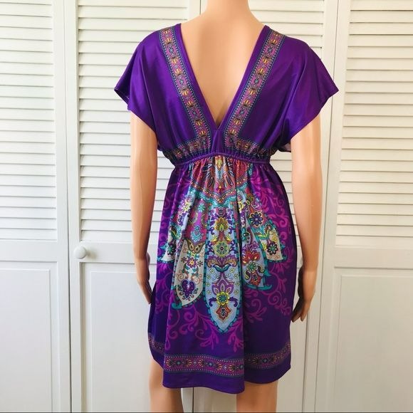 FLYING TOMATO Purple Deep V-Neck Short Sleeve Dress Size L