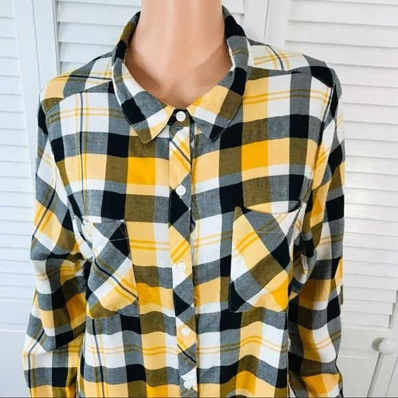 RELATIVITY Yellow Black Plaid Button Down Shirt Size XL