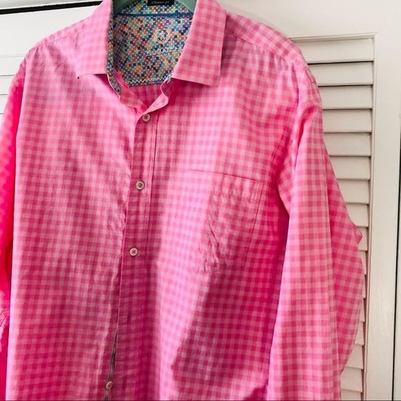 BUGATCHI Pink Classic Fit Cotton Gingham Button Down Shirt Size L