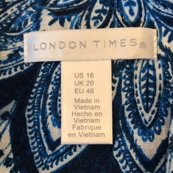 LONDON TIMES Blue White Floral Sleeveless V-Neck Dress Size 16