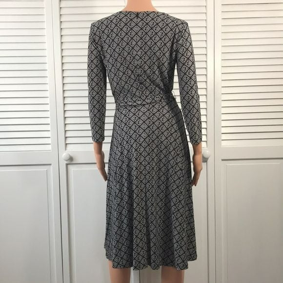 LAUREN RALPH LAUREN Black White Printed Belted Dress Size 0