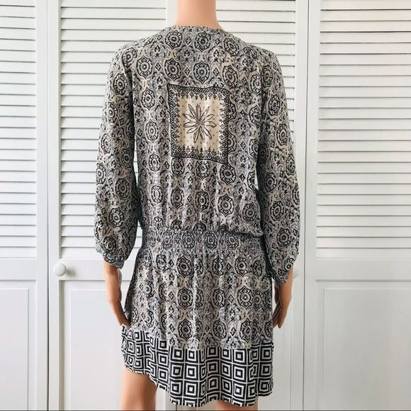 TOLANI Geometric Print V-Neck Silk Long Sleeve Mini Dress Size S