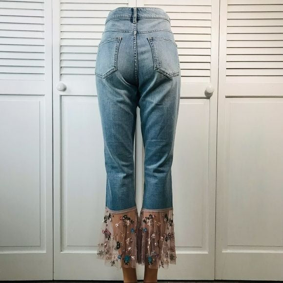 PILCRO AND THE LETTERPRESS BY Anthropologie Blue Tulle Trim Flared Jeans Size 28