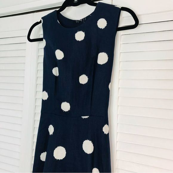 SOODEE Navy Linen Polka Dots Waist Wrap Around Dress Size M