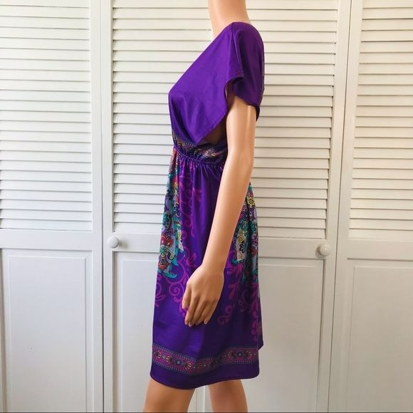 FLYING TOMATO Purple Deep V-Neck Short Sleeve Dress Size L