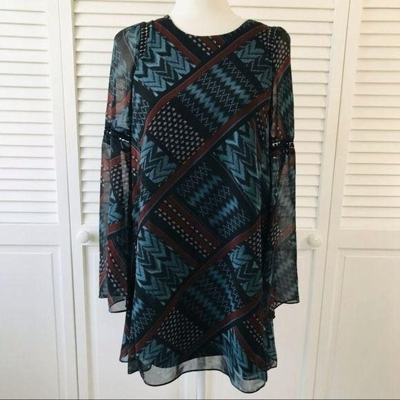 BCBGENERATION Aztec Print Sheer long Sleeve Top Size XS